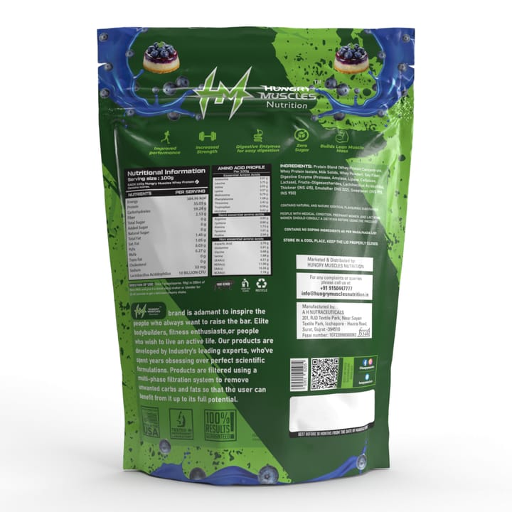 Hungry Muscles | Whey Protein + Protein Powder | Blueberry Cheesecake | 1 KG
