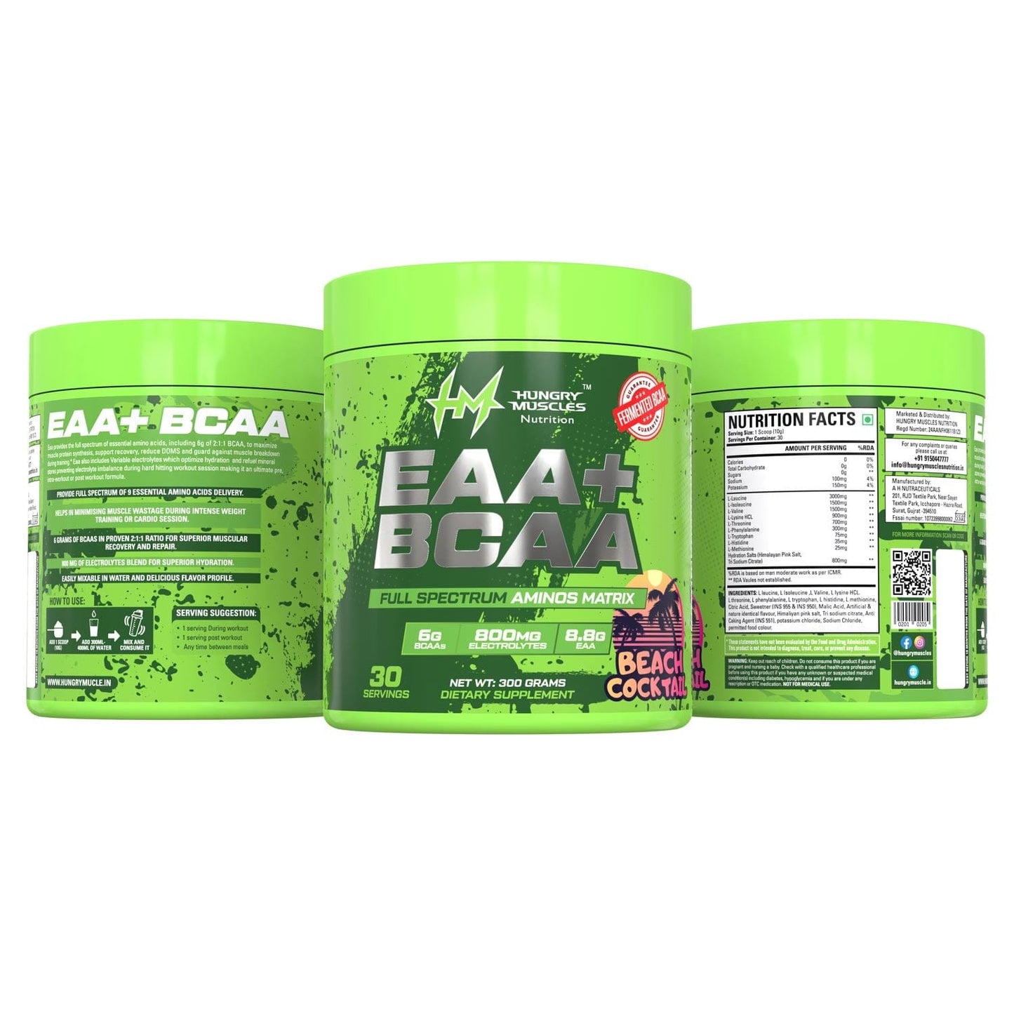 Hungry Muscles BCAA + EAA Powder | Beach Cocktail | 30 Serving (300 Grams)