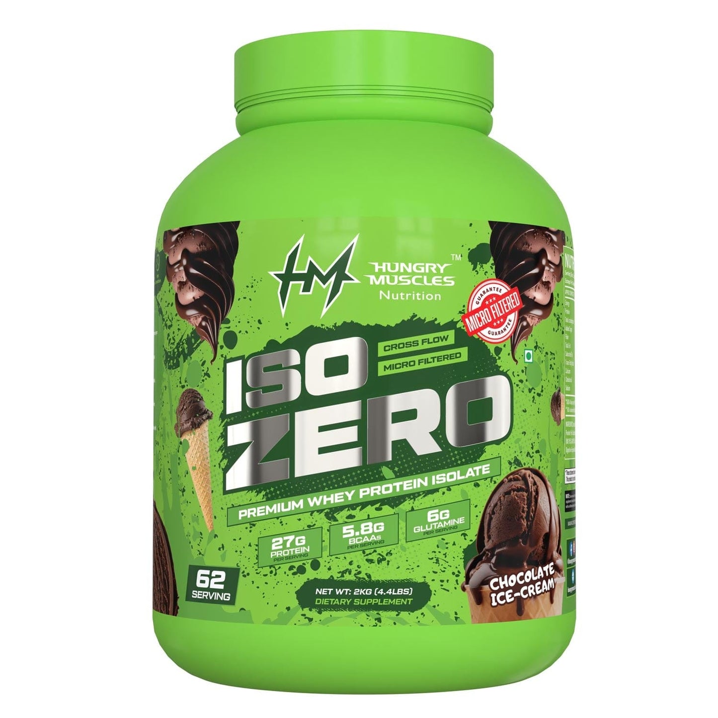 Hungry Muscles | Iso Zero | Whey Protein Isolate Powder | Chocolate Ice-Cream | 62 Servings (2Kg)