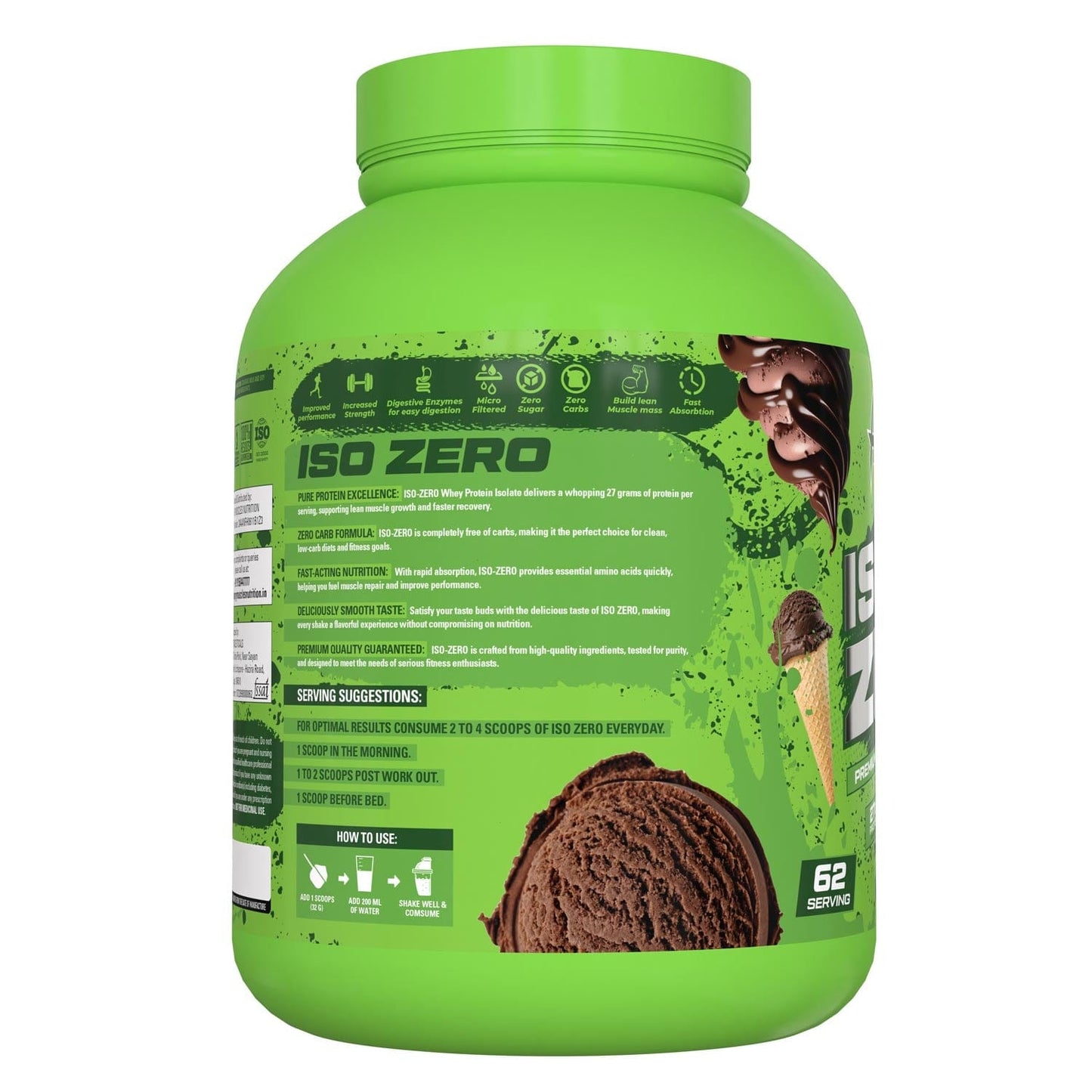Hungry Muscles | Iso Zero | Whey Protein Isolate Powder | Chocolate Ice-Cream | 62 Servings (2Kg)