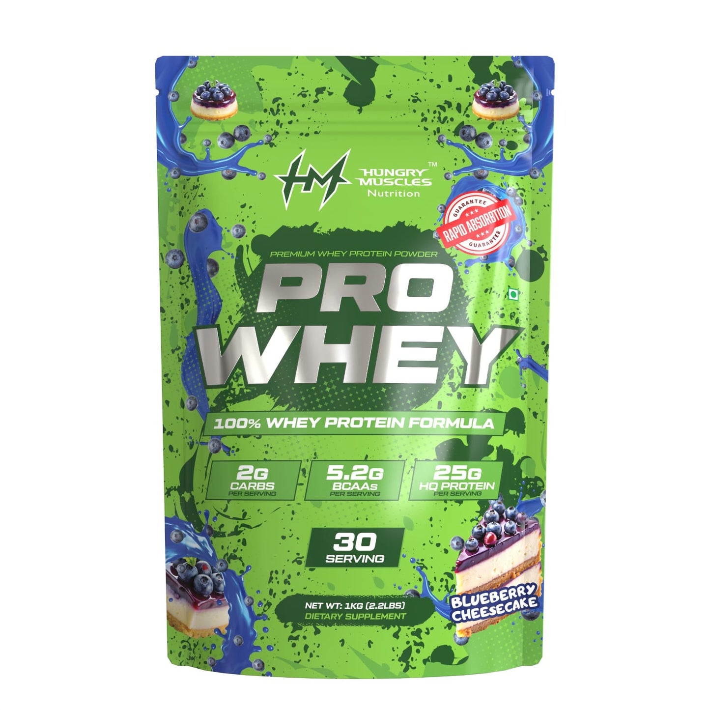 Hungry Muscles Pro Whey | Blueberry Cheesecake Pouch | 30 Serving 1Kg