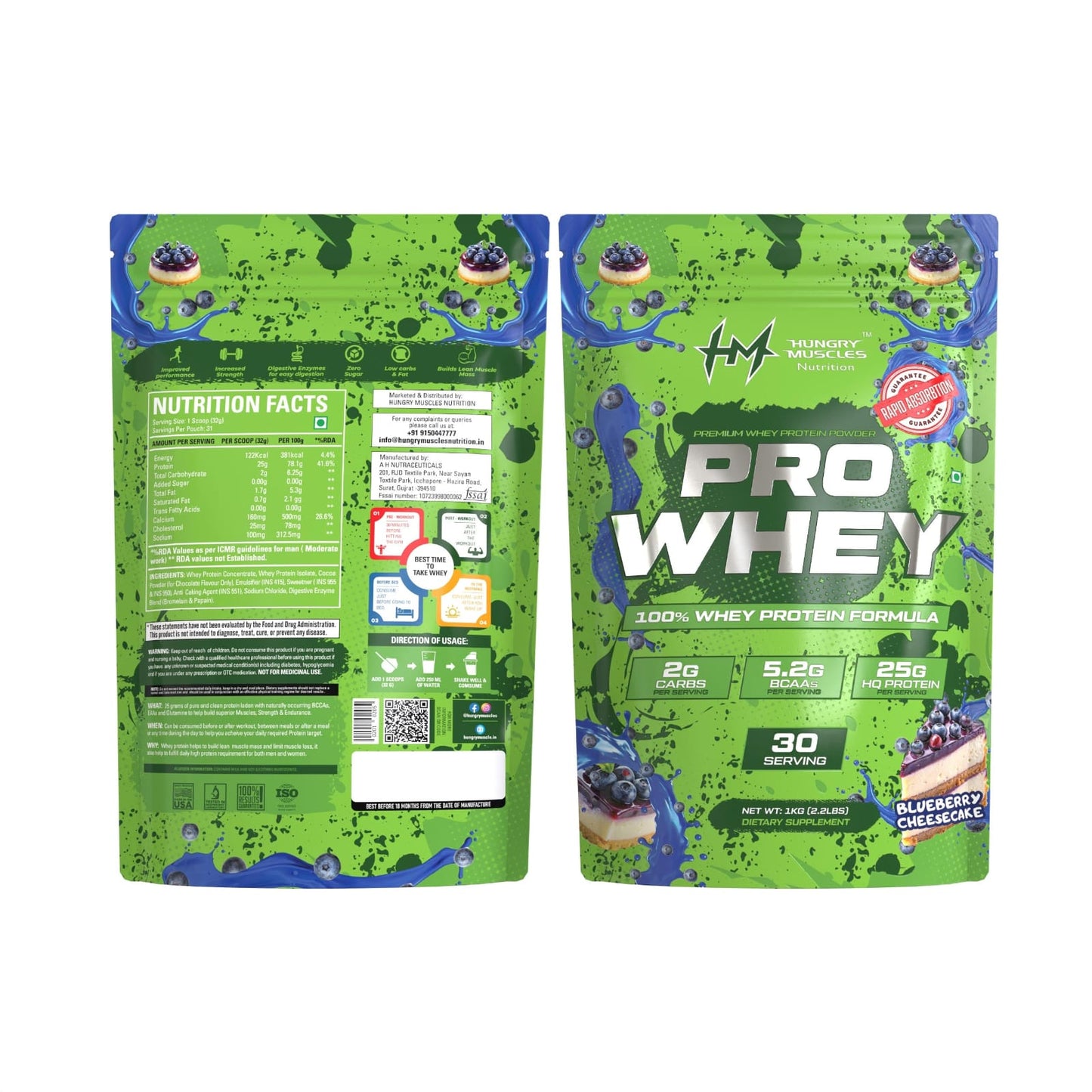 Hungry Muscles Pro Whey | Blueberry Cheesecake Pouch | 30 Serving 1Kg