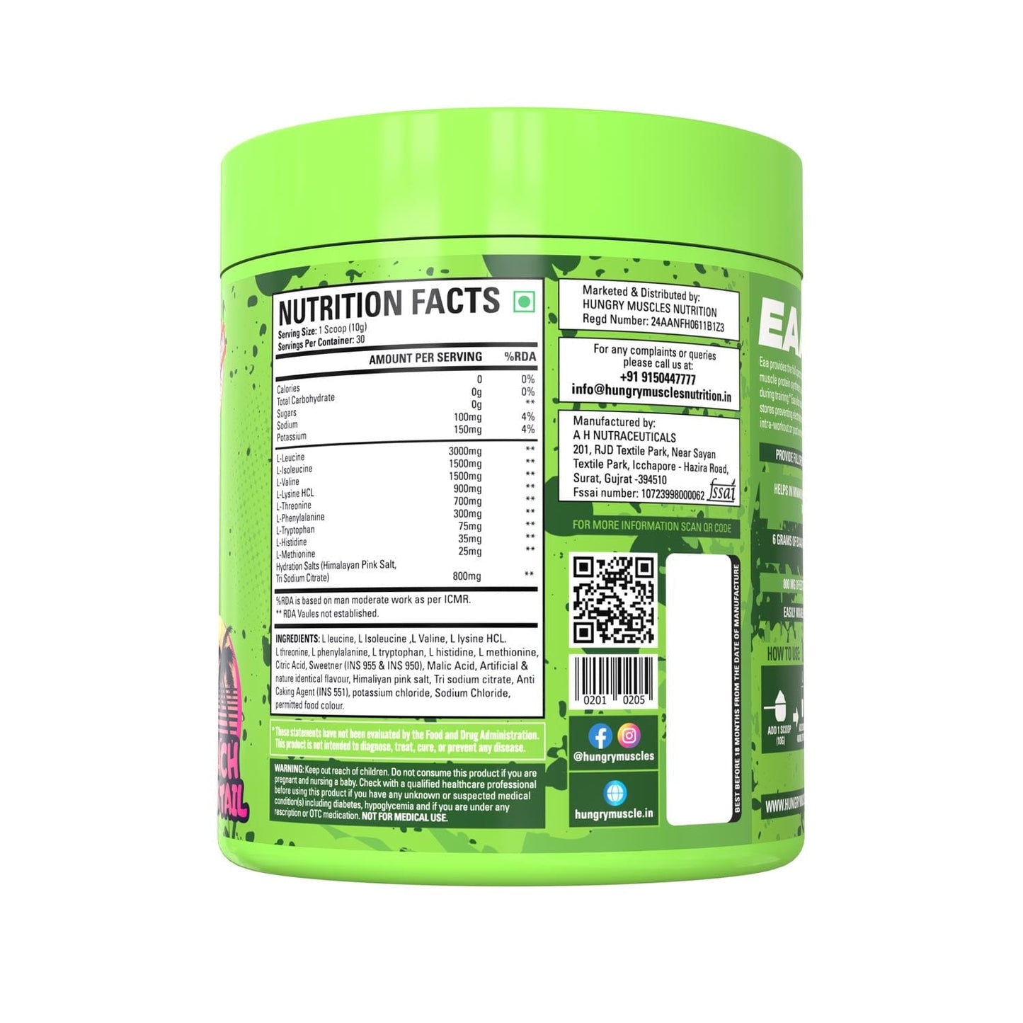 Hungry Muscles BCAA + EAA Powder | Beach Cocktail | 30 Serving (300 Grams)