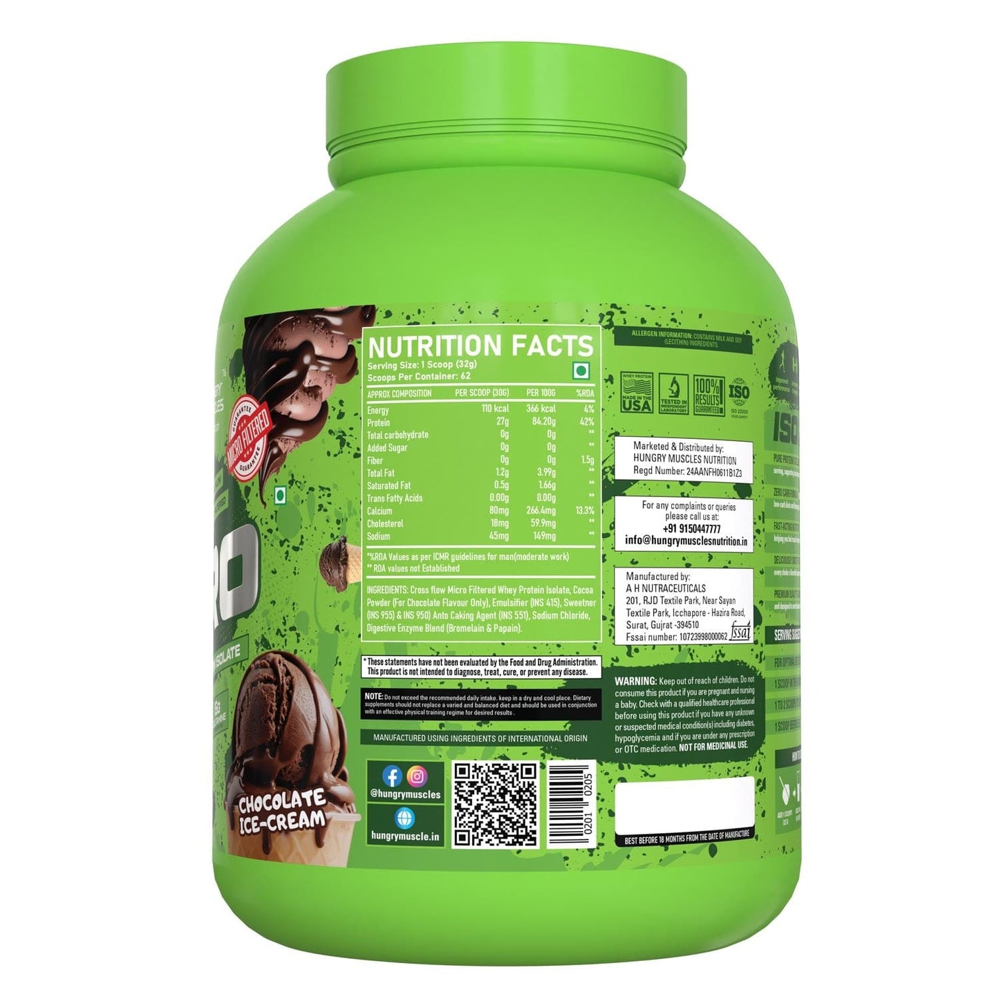 Hungry Muscles | Iso Zero | Whey Protein Isolate Powder | Chocolate Ice-Cream | 62 Servings (2Kg)