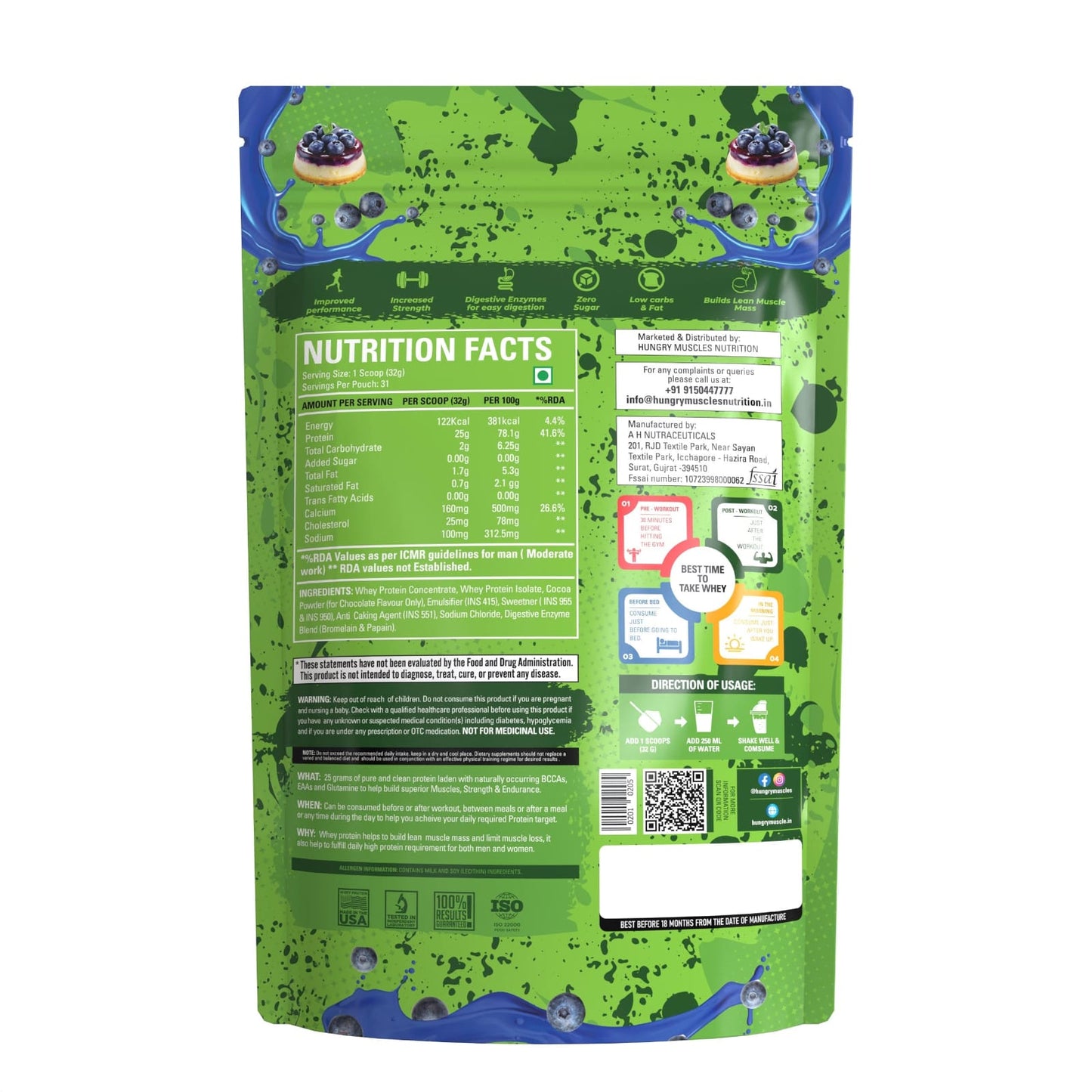 Hungry Muscles Pro Whey | Blueberry Cheesecake Pouch | 30 Serving 1Kg